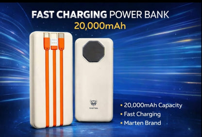 Marten Fast Charging Power Bank 20,000mAh | Built‑in Cables | Lightning, Type‑C & Micro USB Compatible